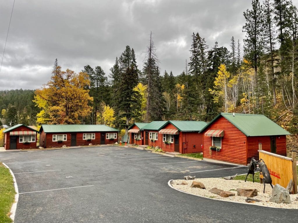 Wide shot of cabins and parking area
